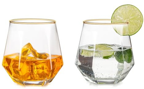 Inweder Drinking Glasses Set of 2 - Stemless Wine Glasses Au Vodka Glass Old Fashioned Gold Rim Whiskey Glasses Kraken Rum Glass Geometric Whisky Tumbler Gift Set for Men Birthday Father Anniversary