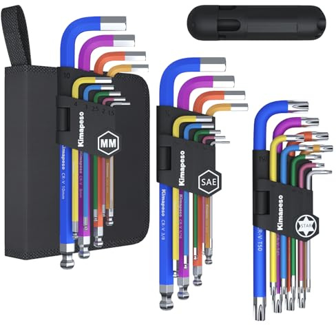 Kimapeso 27 PCS Allen Key Set Torx SAE Metric Allen Wrenches Set Long Arm Ball End Hex Key Wrench Sets with T-Handle L-Hex Key Set Metric 1.5 to 10mm SAE 1/16 to 3/8″ Torx T10 to T50