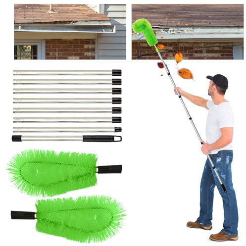 Dechoga Herramientas de limpieza de canalones de 10 pies, 8 piezas de limpiador telescópico de extensión, poste de limpieza de canalones portátil, cepillo de limpieza de canalones para limpiar hojas,