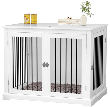 HOLTICO Hundebox Möbel mit Kissen, Möbelstil Hundebox mit Klappdeckel, Indoor Hundezwinger, Hundekäfige für Große Hunde, Hundehaus, Mittelgröße, Weiß
