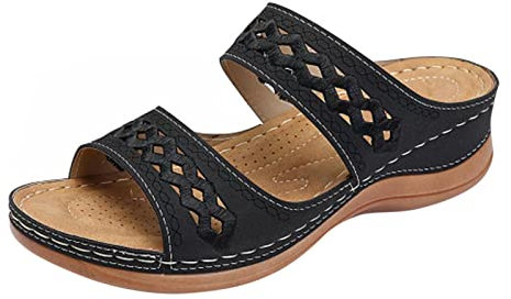 Lazzboy Sandalen Damen Slipper Pantoletten Sommer Keilabsatzschuhe Mit Freizeit Plateau Keilabsatz Leder Hausschuhe Rutschfeste Strand Sandaletten Frauen Vintage Sommerschuhe (Schwarz,42)