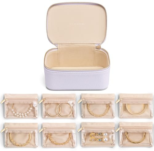 VLANDO Jewellery Box, Litchi Pattern Jewellery Organiser,Travel Jewellery Storage with 8 Velvet Jewellery Pouches,Premium Petal Hardware Jewellery Case