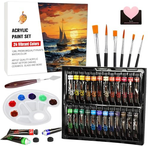 UCAMP Pintura Acrílica Kit 41Pcs,24 Tubos (12ml) Pintura Acrílica,con 12 Pinceles,1 Paleta de Mezcla,2 Lienzo y 1 Raspador,1 tarjeta de felicitación,para Artistas Adultos Principiantes,niños