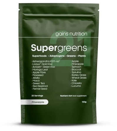 GN Super Greens 21 Powder (150g) with KSM-66 Ashwagandha, Actazin & Livaux Golden Kiwi, Alfalfa & More | Superfood - Pineapple Flavour Supergreens | Made in The UK