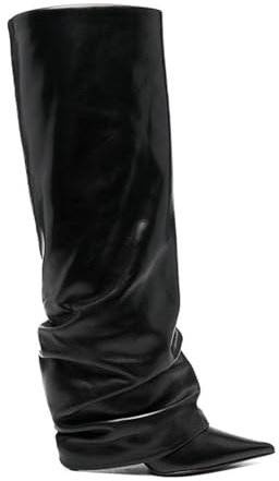 LIUHD Stivali da Donna con Risvolto, Stivali Alti Fino al Ginocchio con Arricciature e Punta a Punta, Stivali Lunghi e Alti con Tacco a Spillo,Black,38