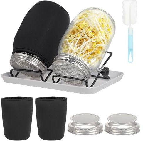 2 germoir à graines - Pot pour Germination 32oz - Matériau en Verre - Avec Couvercle en Acier Inoxydable, Support et Plateau en Plastique - Pour Cultiver des Microgreens - Pour Cuisine, Jardin (Noir)