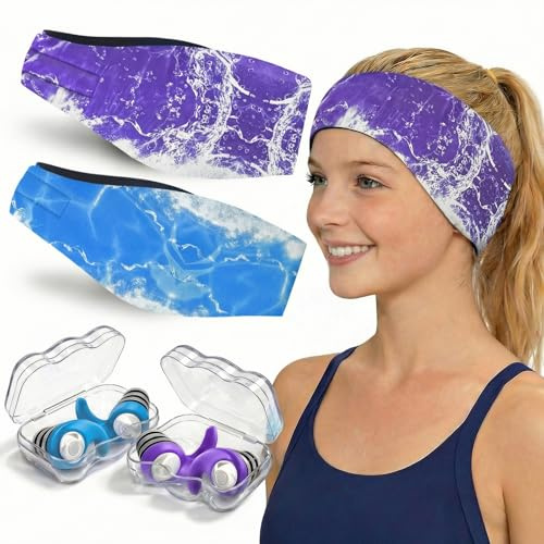 Diadema de Natación,2 Pares de Tapones oidos Natación Impermeable con Banda de Neopreno Elástica, Ajustable y Antideslizante,Ideal para Niños y Adultos para Nadar,Surfear, Bucear y Deportes Acuáticos