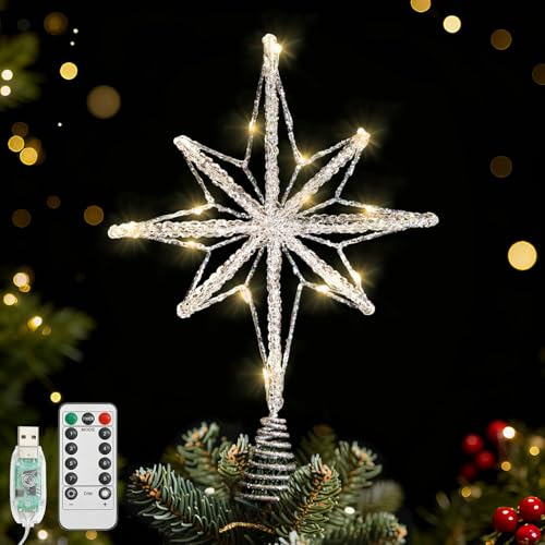 Lewondr Christmas Tree Topper Star, 15.94 Epoxy Bethlehem Star Tree Topper with 20 LED Bulbs, 6 Hrs Timer and 8 Light Modes USB Remote Control, Christmas Treetop Decor for Home Holiday, Silver