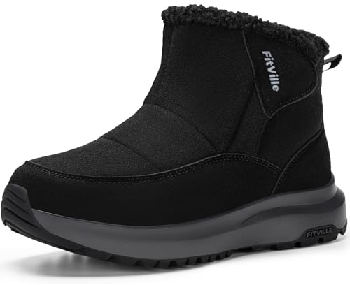 FitVille Womens Winter Snow Boots Wide Fit Fuzzy Ankle Boots Lightweight Warm Winter Shoes, Black, 6.5, X-Wide