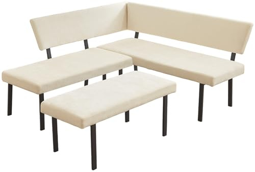 HIPIHOM Modern L-Shaped Dining Bench, 67 Inch Fabric Upholstered Corner Sofa with Metal Legs for Kitchen Nook, Living Room, Dining Room (Beige)