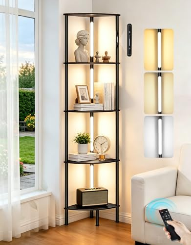 OUTONLIFE Lampada da Terra LED con Libreria Angolare a 5 Ripiani, Palo Rotante a 360°, Dimmerabile con Touch e Telecomando, 3 Temperature di Colore, per Soggiorno, Camera e Ufficio