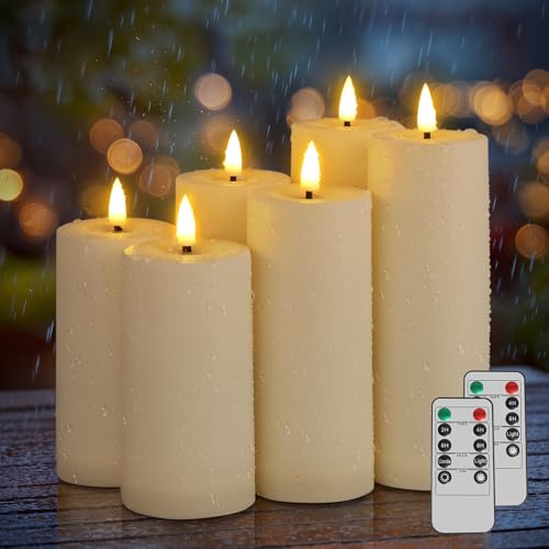 Kimjo Bougies LED Sans Flamme pour Extérieur Etanches - Bougies LED en Plastique Blanc Ivoire avec Minuterie Télécommande - Lot de 6 Bougies à Flamme Vacillante (13, cm, 15cm, 18cm*2)