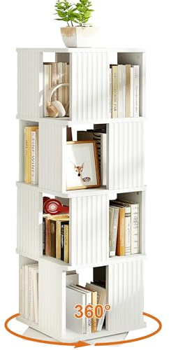 YOSHOOT Estantería giratoria de 4 Niveles, 360°, de Madera, 129,3 cm, Ideal para Estudio, Dormitorio y salón, 45 x 45 x 129,3 cm (Blanca)