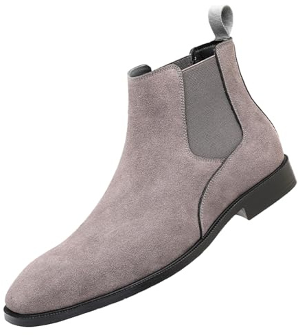 ANUFER Hombres Vacuno Cuero de Ante Botas Chelsea Punta Cuadrado Slip On Vestido Botines de Tobillo Gris SN0711231 EU41