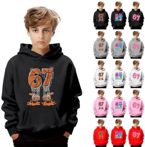 Generisch Kinder Hoodie 67 SIX Seven Motive – Neon Donut Basketball Print Kapuzenpullover für Jungen Mädchen Teenager Jogginganzug Bunte Print Sixseven Sweatshirt Frühling Herbst Casual Streetwear