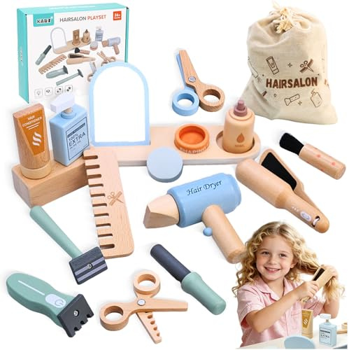 Mallette de coiffure en bois pour fille - Jouet pour enfants - Cadeau de coiffeur - Mallette à outils avec fer à lisser, peigne, miroir et accessoires de coiffage - Jouet de maquillage - Jeu de rôle