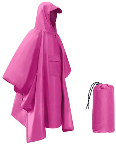 Dr.Fish Waterproof Rain Poncho Lightweight Reusable Rain Poncho Adult with hood for Outdoor Activities Hiking Camping Cycling Traveling, One Size for All Quick Dry Windproof Ripstop Pink