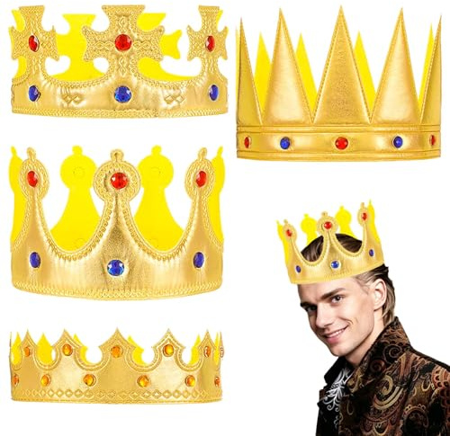 Zhuxing 4 Pieces Crown Birthday Gold Crown King Crowns with Gemstones Party Hat Play Tiaras Set for Adult Birthday Costume Dress Up Dance Party Accessory Supply (Gold)