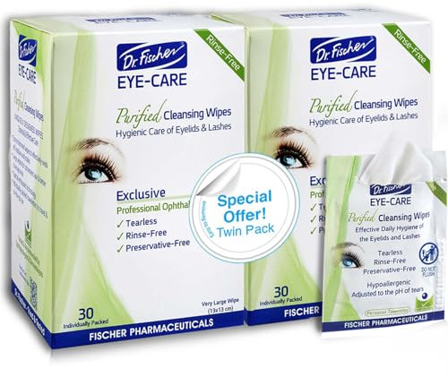 Dr. Fischer Eyelid Wipes - Hypoallergenic Preservative-Free Eye Cleansing Wipes for Sensitive Eyelids (Twin Pack).