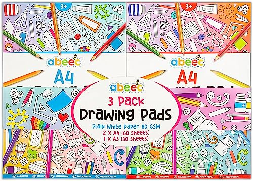 abeec 3 Drawing Pads for Children - (3 Pack) Includes 2 x A4 Plain Sketch Pads and 1 x A3 Plain Sketch Book - 150 Sheets in Total of Drawing Paper Perfect for Arts and Craft Activities