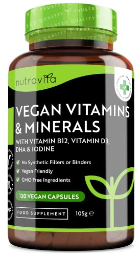 Vegan Essential Mix -Formulación multivitamínica y multimineral para apoyar una dieta basada en plantas - 120 Vegan capsulas - con vitamina B12, D3, DHA, yodo, hierro y zinc - Hecho en el Reino Unido