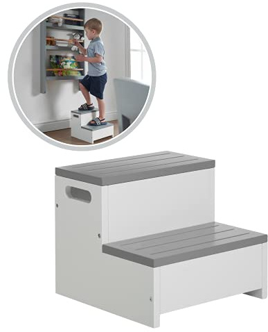 Taburete para Niños Haus Projekt en Blanco/Gris, Robusto Taburete con Dos Escalones, Taburete para Niños de Aprendizaje Montessori, Taburete Antideslizante, Step up Stool