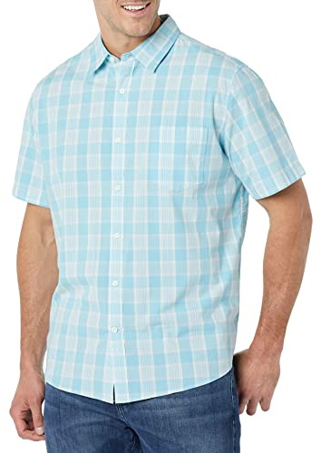 Amazon Essentials Men's Short Sleeve Button Down Shirt, Stretch Cotton, Blue Peach Plaid, Available in Big & Tall, Light Blue/White, Plaid, Large