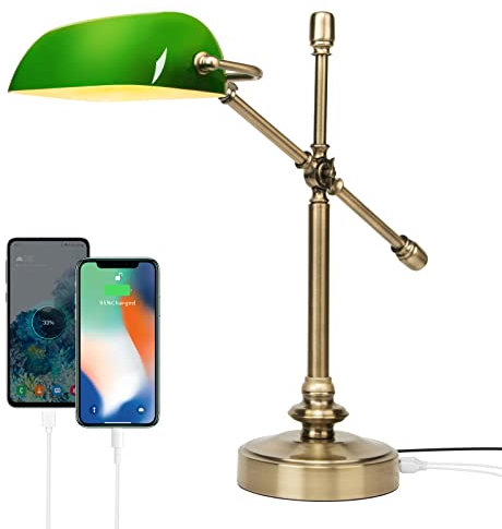 FIRVRE Grün Glas Bankers Schreibtischlampe mit 2 USB-Ladeanschluss Tischlampe Touch Control Leselampe 3 Wege dimmbare Bürolampe mit verstellbarem Arm für Home Office Arbeitsplatz Bibliothek Klavier