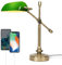 FIRVRE Touch Table Lamps with Dimmer, Green Bankers Desk Lamp with 2 USB Charging Port, Vintage Office Desk Lamp with Adjustable Arm for Home Office Library