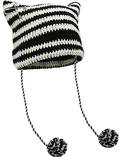 XYIYI Noir Blanc Chapeau en Crochet pour Femme Chapeau en Tricot de Renard avec Pompoms Accessoires Grunge Gothiques Bonnet Souple pour Femme Fille