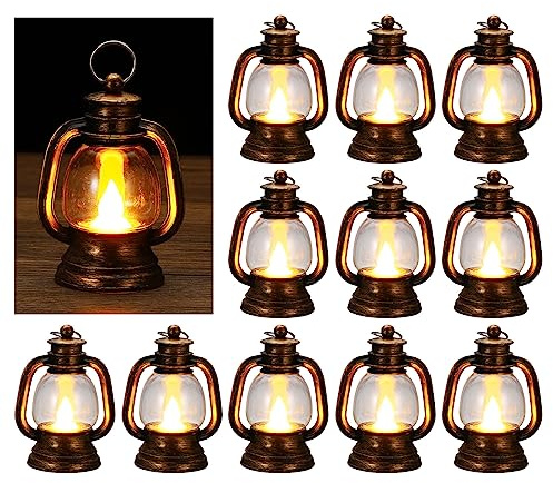 PATIKIL 12 Pack Christmas Mini Lantern with LED Candle, 4 Vintage Candle Lanterns Hanging Decorative for Tables Centerpiece Halloween Christmas Party, Retro Gold