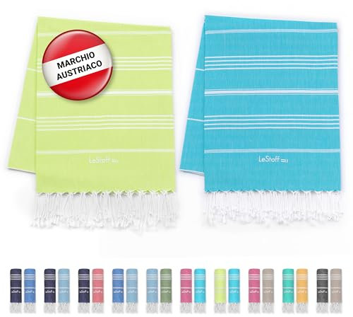 LeStoff 2er-Set Hamamtuch 95 x 180 cm - 100% Bio-Baumwolle, Vorgewaschen, Nachhaltig, Saugstark & Schnelltrocknend, Reisehandtuch, Campinghandtuch, Badetuch, Saunatuch, Strandtuch (Lime + Aqua)