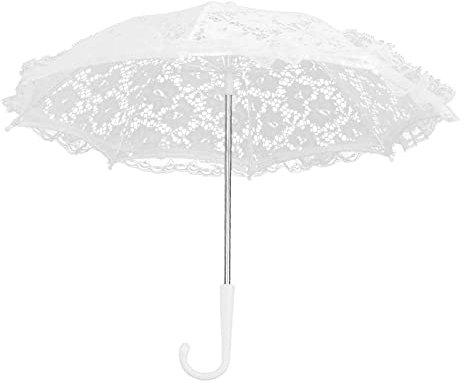 Msiud Weißer Vintage Spitzenschirm, 44.5x47.5cm Spitzen Stickerei Regenschirm J Griff Hochzeit Sonnenschirm Weiß Blumen Handwerks Hochzeitsschirm für Feier Fotografie Prop Brautpartei