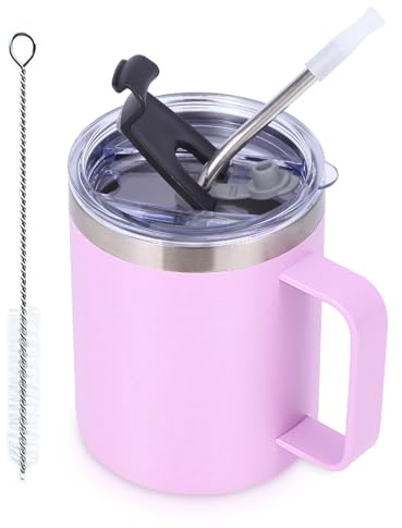 Volhoply 12oz Insulated Leakproof Coffee Mug with Sliding & Straw Lid,Double Wall Vacuum Stainless Steel Travel Cafe Tumbler Cup with Handle,Reusable Camping Mugs Keep Cold/Hot(Purple,1 Set)