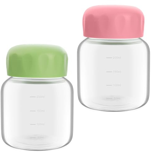 MEIYOUJU AM 2-pack små vattenflaskor, 300 ml glasvattenflaskor med lock, klart glas läckagesäker 295 ml juiceflaskor, söta vattenflaskor med skala för juice, mjölk, fruktdrycker, dryckesförvaring
