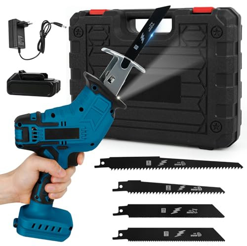 Sierra Sable a Batería Compatible con Makita 18V, Sierra de Sable con 4 Hojas, Cerradura de Seguridad y Luz LED, para Metal, Madera, Tuberías de PVC, Poda de Árboles (Con batería de 1.5 Ah y cargador)