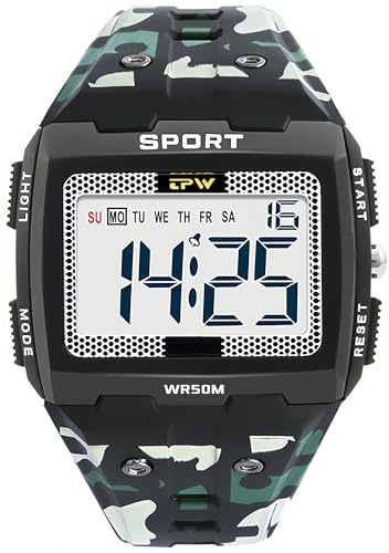 Gosasa Men Digital Watch Rectangle Large Face 5ATM Waterproof Easy to Read Military Watch Multifunctional Sports Watches Alarm Clock LED Digital Double Time Watch (Grey)