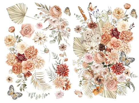Joeyan Boho Bouquets Trasferimenti e Adesivi per Mobili e Artigianato, Decalcomania Fai da Te per la Casa su Legno Vetro Metallo Tela Porcellana Carta e Plastica, 2 Grandi Disegni Botanici 43x30 cm