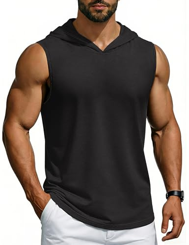 Cotrasen Sleeveless Hoodies for Men Casual Tank Top Gym Shirts, Black, M