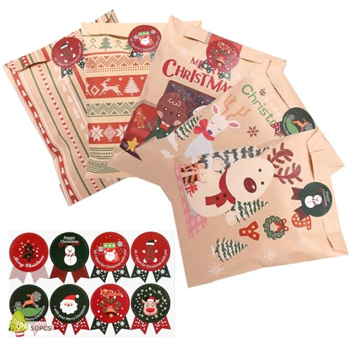 LIHAO Gift Bags 50 Pcs Kraft Paper Bags with Stickers Xmas Paper Party bags Candy Bag for Wrapping Gifts, Christmas Party Supplies ﻿