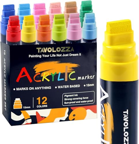 12 Vibrant Colors Jumbo Acrylic Paint Markers, 15MM Graffiti Markers, Waterproof Jumbo Poster Markers for Canvas, Poster Board, DIY Crafts, Window, Wood & Fabric, Thick Marker for Artists & Teachers