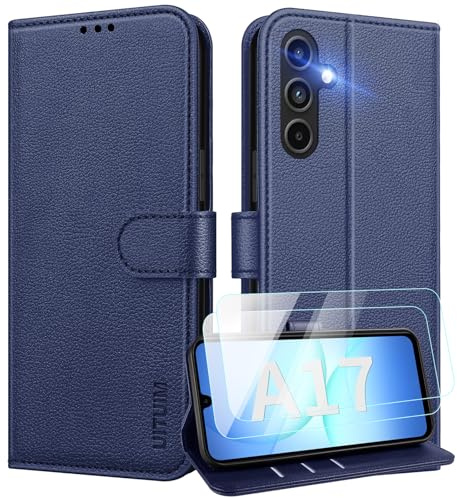 UITUIM Phone Case for Samsung Galaxy A17 5G/4G Case with 2 Tempered Glass Screen Protector Leather Wallet Flip Cover Card Holder Slot Shockproof Magnetic Phone Case Cover for Samsung A17 5G/4G,Blue