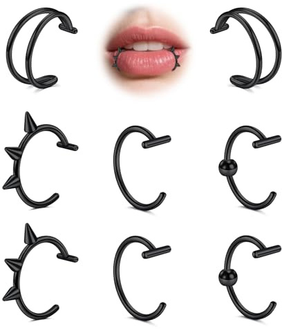 MODRSA Finto Lip Ring a Clip Senza Foro Anello Labbro Finto Nero Gioielli Finti 16G Acciaio Inossidabile Ipoallergenico Doppio Anello Sfera