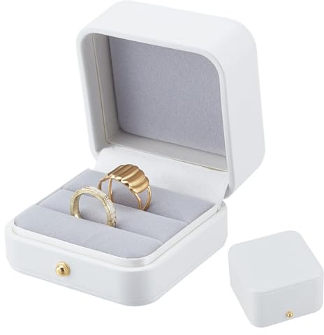HOBBIESAY 2 Slot Wedding Engagement Ring Box 2.91x2.78x1.75 Inch Square Leather Velvet Jewelry Ring Box Gorgeous Vintage Double Slots Rings Boxes Wedding Rings Bearer for Weddings Festival Gift Boxes