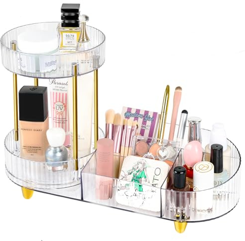 elzle Organizzatore di Trucco, 360° Rotante Organizzatore di Trucco 2-in-1 Porta Make Up con Scomparti, Porta Trucchi Organizer per Cosmetici per Pennelli, Eyeliner, Rossetto in Camera da Letto Bagno