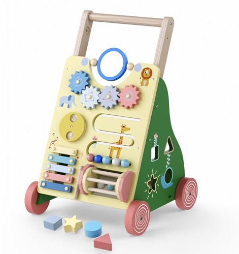 Wooden Baby Walker for 1 2 Year Old Boys Girls, Toddlers Push Along Baby Walker Height Adjustable,10 in 1 Multiple Learning Activity Center, Walking Toys Gift for Age 12 Months
