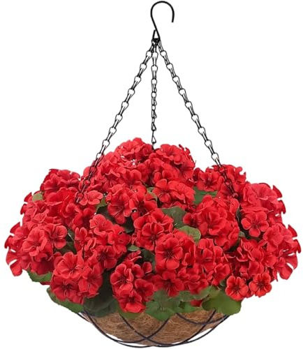 Fairblo 8 Pezzi Gerani Fiori Finti da Esterno da Appendere con 1 Vasi Rossi Fiori Artificiali Pendenti Piante Finte Cadenti Cesto di Fiore Sospese per Decorazione Balcone Giardino Terrazze Matrimoni