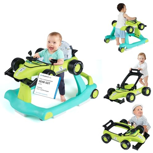 COSTWAY 4-i-1-lära-springa-vagn, bilformad med musik & ljus, grön | Vikbar gåvagn med justerbar höjd och hastighet, baby walker med hjul, promenadfri baby från 6 månader