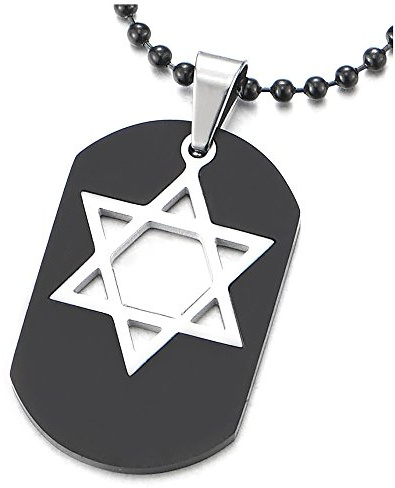 COOLSTEELANDBEYOND Negro Dog Tag Incrustaciones de Plata Estrella de David, Collar con Colgante de Hombre, Acero