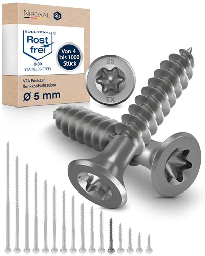 Tornillos para madera de acero inoxidable A2 con cabeza avellanada Torx TX25 – Rosca parcial – 5 x 35 mm – 100 unidades – Tornillos universales para madera